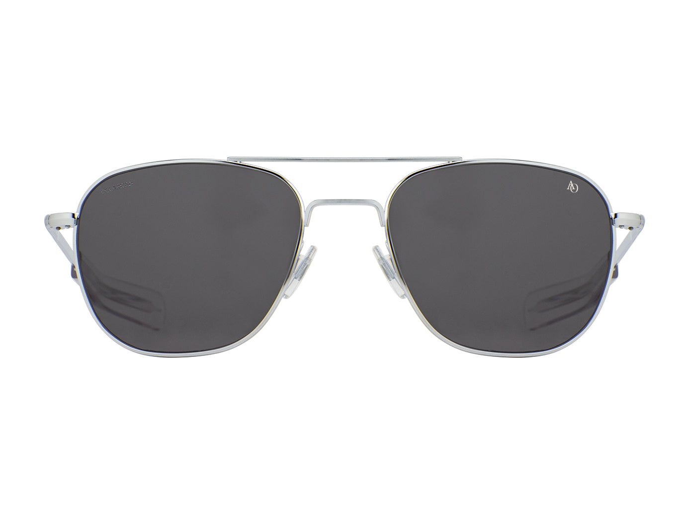 Front view of silver American Optical Original Pilot navigator sunglasses with polarised grey glass lens