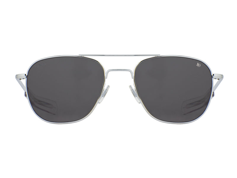 Front view of silver American Optical Original Pilot navigator sunglasses with polarised grey glass lens