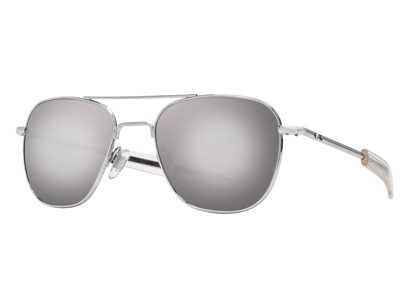 Front angle view of silver American Optical Original Pilot navigator sunglasses with non-polarised silver mirror glass lens