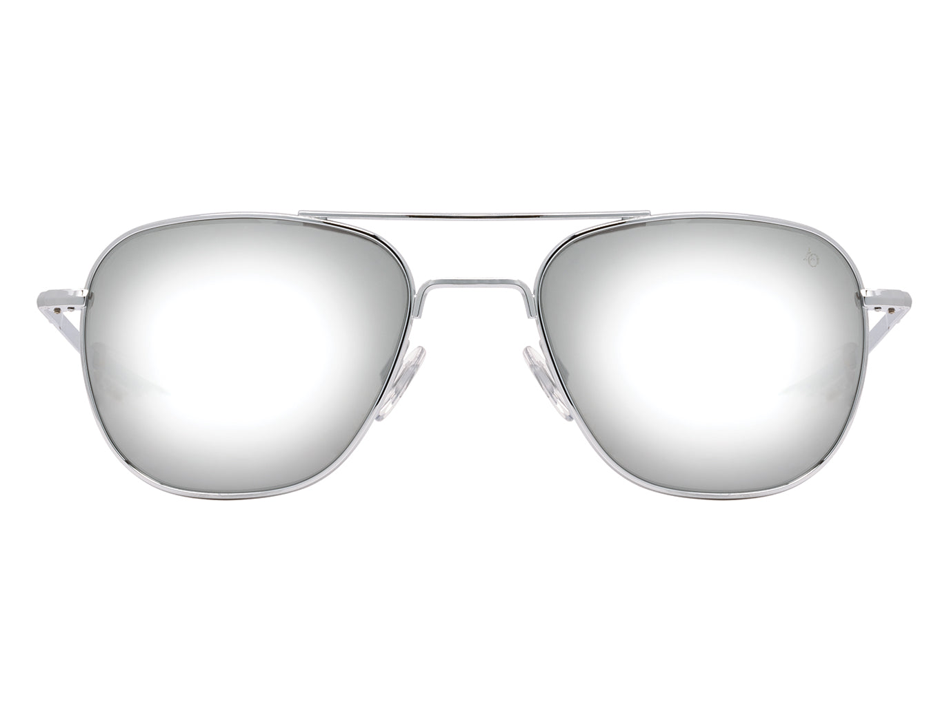 Front view of silver American Optical Original Pilot navigator sunglasses with non-polarised silver mirror glass lens