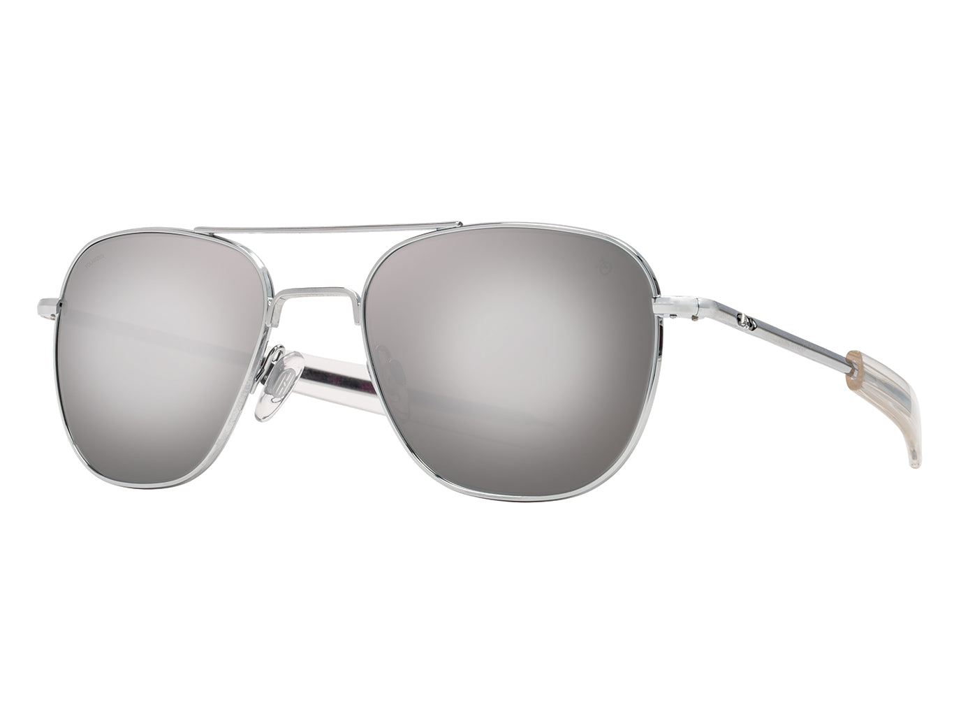 Front angle view of silver American Optical Original Pilot navigator sunglasses with polarised silver mirror glass lens