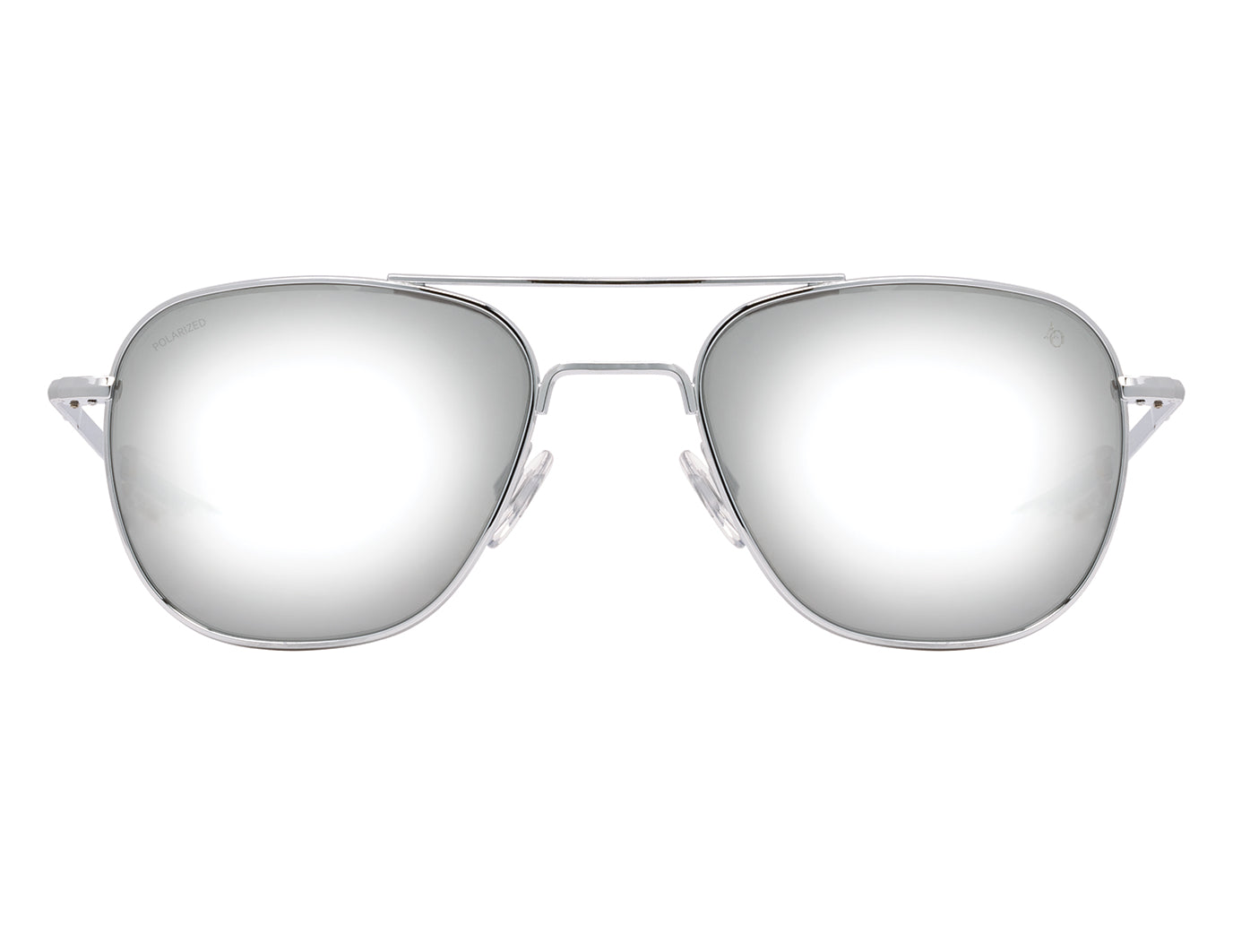 Front view of silver American Optical Original Pilot navigator sunglasses with polarised silver mirror glass lens