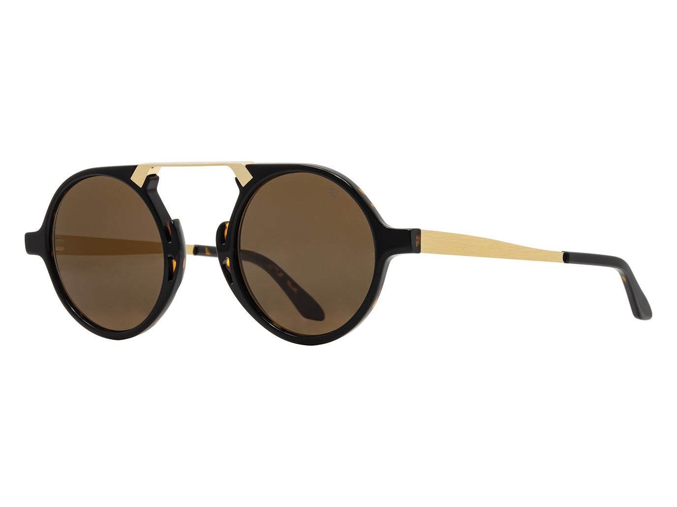 Front angle view of black tortoise and gold American Optical Oxford neo-vintage sunglasses with non-polarised brown nylon lens