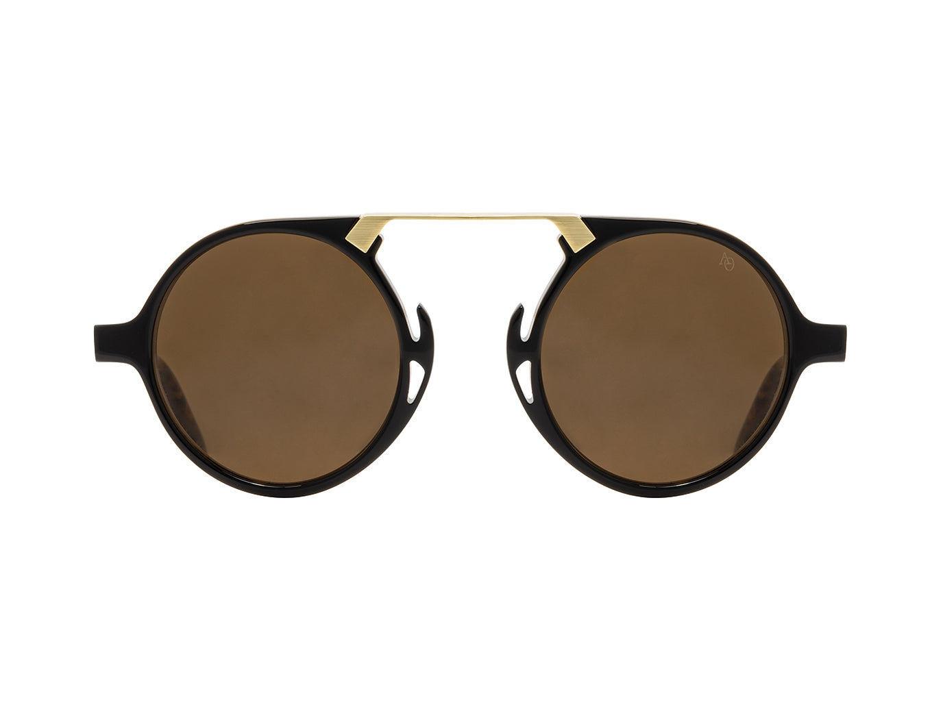 Front view of black tortoise and gold American Optical Oxford neo-vintage sunglasses with non-polarised brown nylon lens