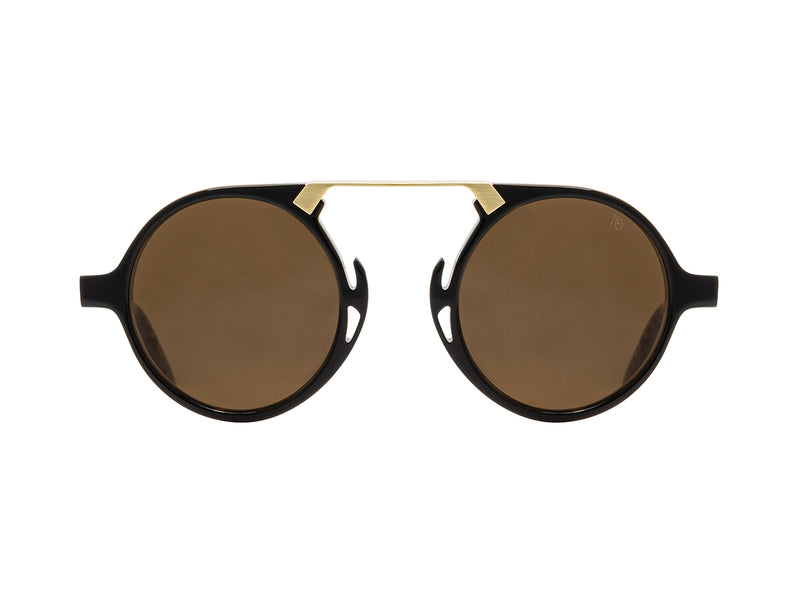 Front view of black tortoise and gold American Optical Oxford neo-vintage sunglasses with non-polarised brown nylon lens