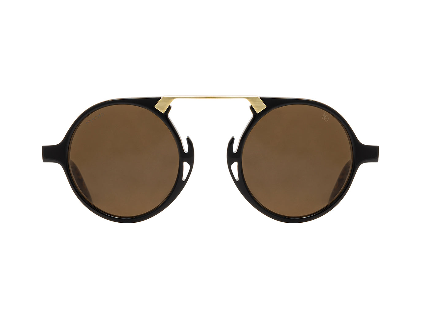 Front view of black tortoise and gold American Optical Oxford neo-vintage sunglasses with polarised brown nylon lens