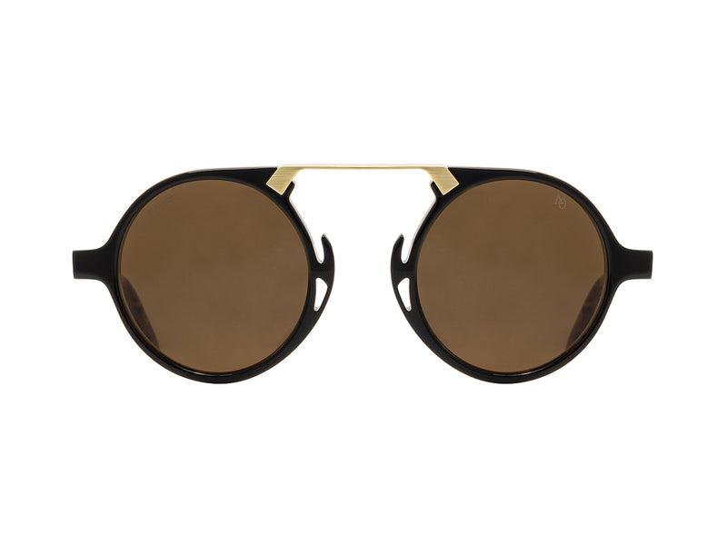 Front view of black tortoise and gold American Optical Oxford neo-vintage sunglasses with polarised brown nylon lens