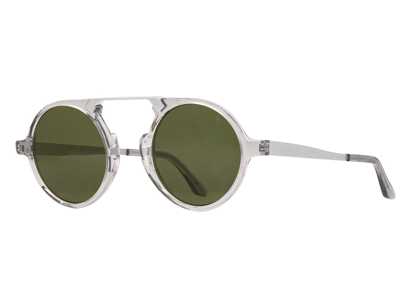 Front angle view of grey crystal and silver American Optical Oxford neo-vintage sunglasses with non-polarised green nylon lens