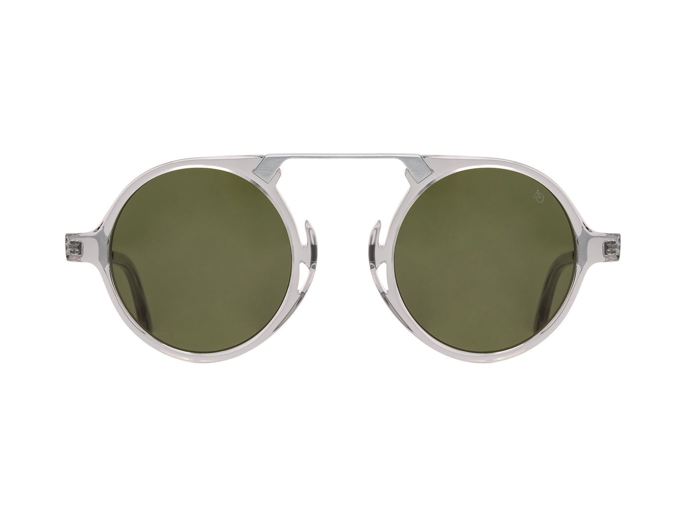 Front view of grey crystal and silver American Optical Oxford neo-vintage sunglasses with non-polarised green nylon lens