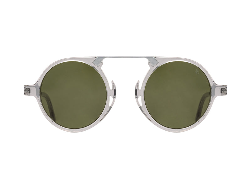 Front view of grey crystal and silver American Optical Oxford neo-vintage sunglasses with non-polarised green nylon lens