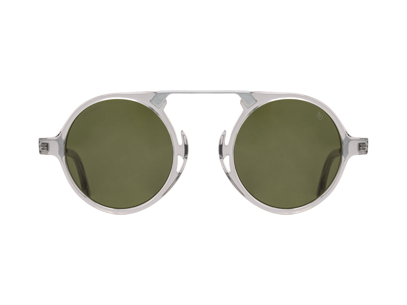 Front view of grey crystal and silver American Optical Oxford neo-vintage sunglasses with polarised green nylon lens