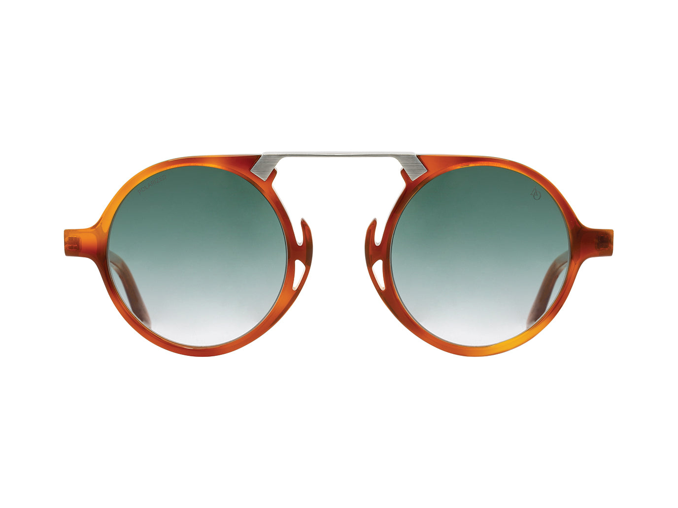 Front view of havana and gunmetal American Optical Oxford neo-vintage sunglasses with polarised green gradient nylon lens