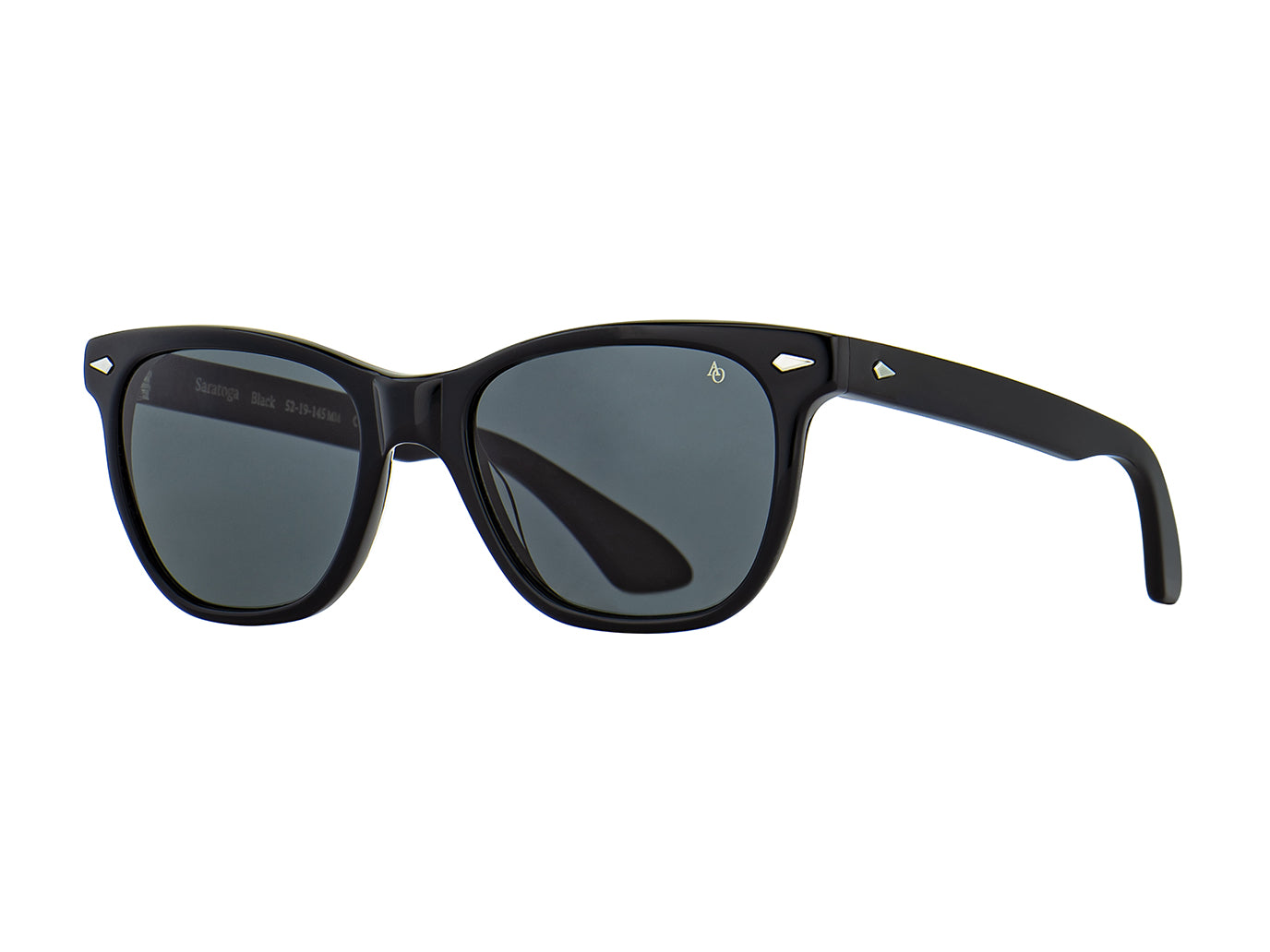 Front angle view of black American Optical Saratoga acetate sunglasses with polarised grey nylon lens