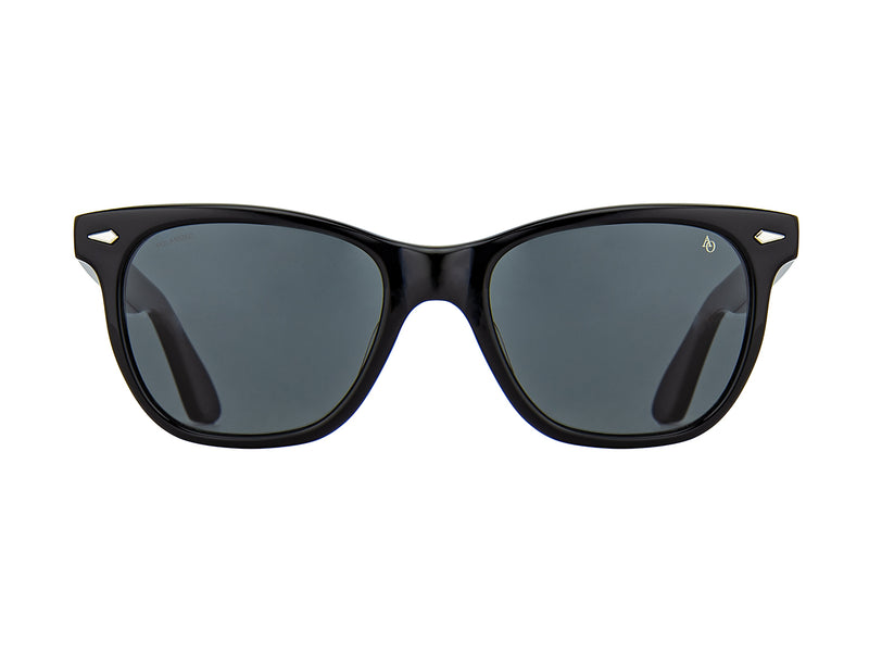 Front view of black American Optical Saratoga acetate sunglasses with polarised grey nylon lens