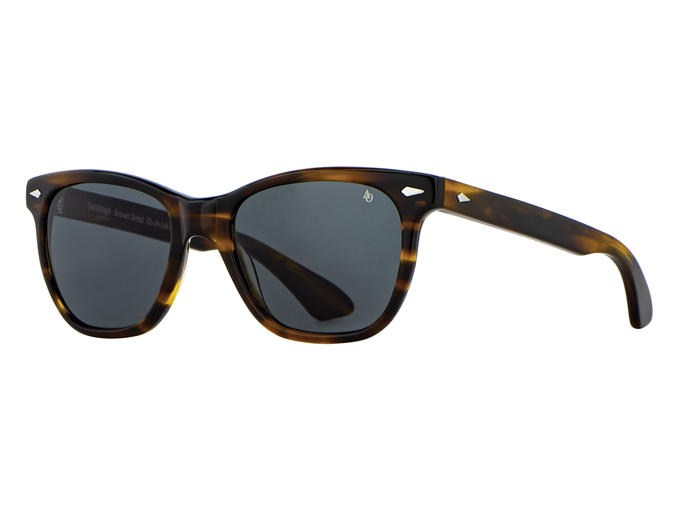 Front angle view of brown demi American Optical Saratoga acetate sunglasses with non-polarised grey nylon lens