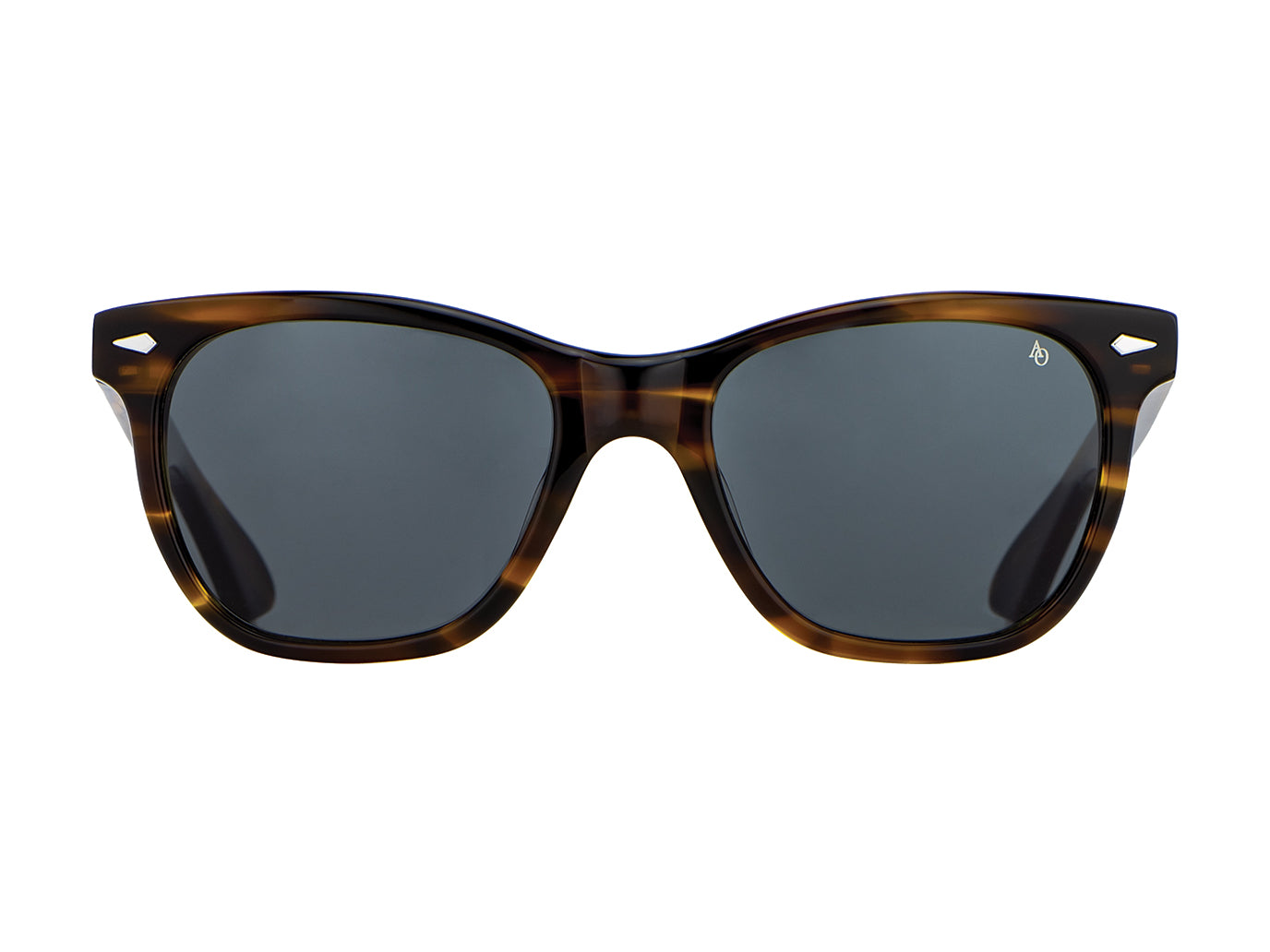 Front view of brown demi American Optical Saratoga acetate sunglasses with non-polarised grey nylon lens