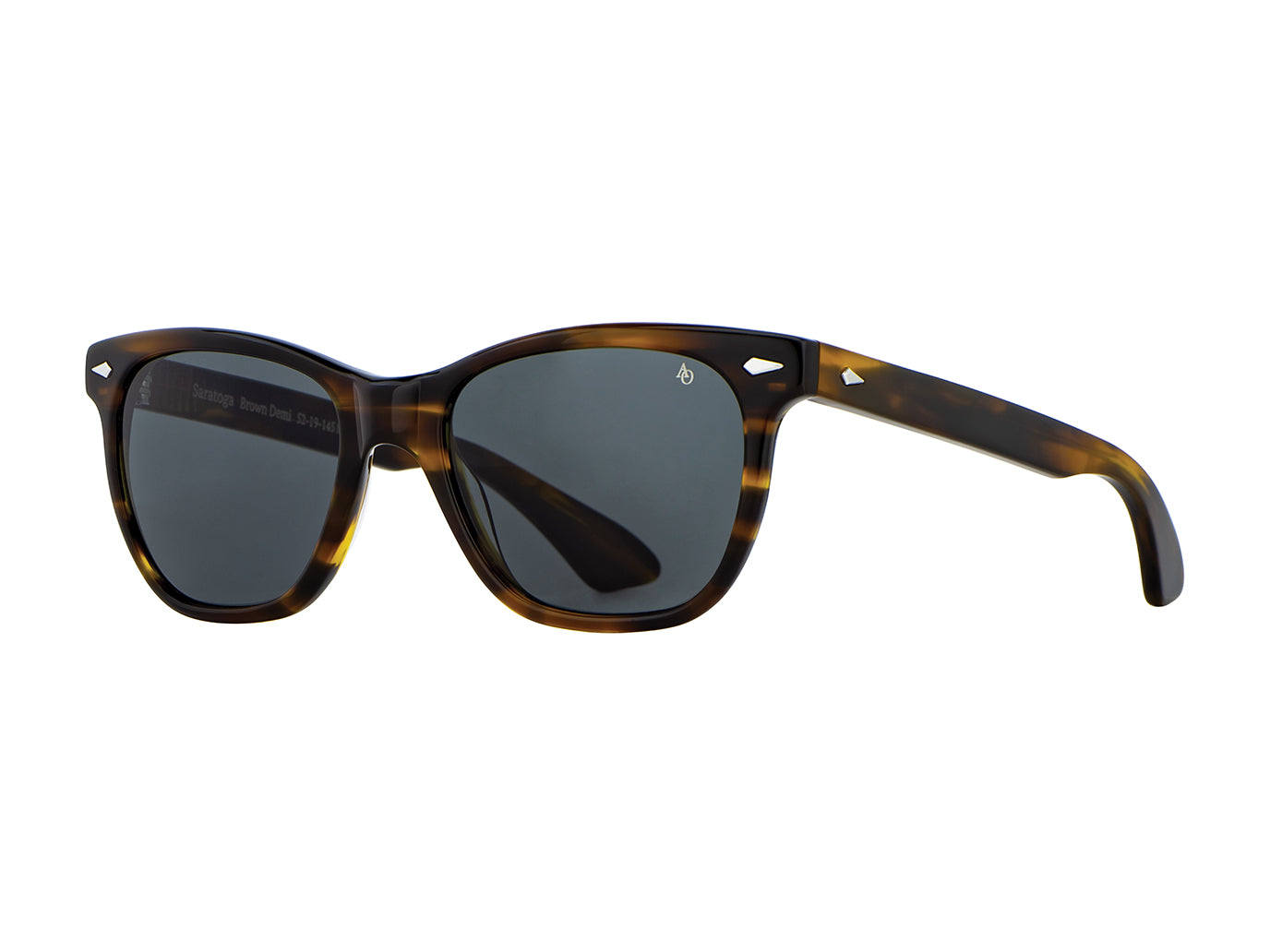 Front angle view of brown demi American Optical Saratoga acetate sunglasses with polarised grey nylon lens