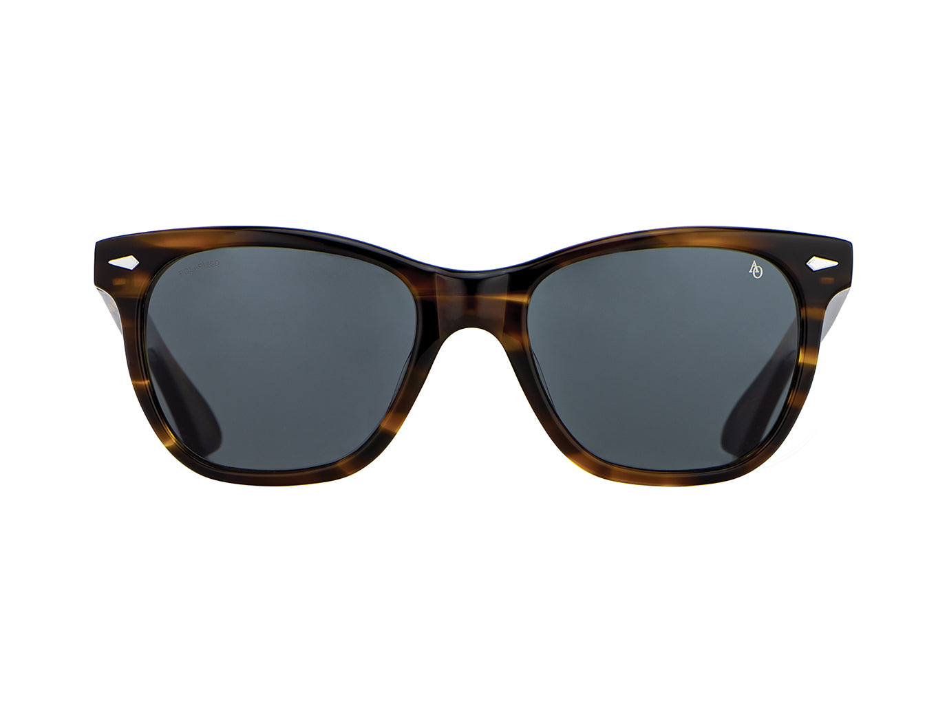 Front view of brown demi American Optical Saratoga acetate sunglasses with polarised grey nylon lens