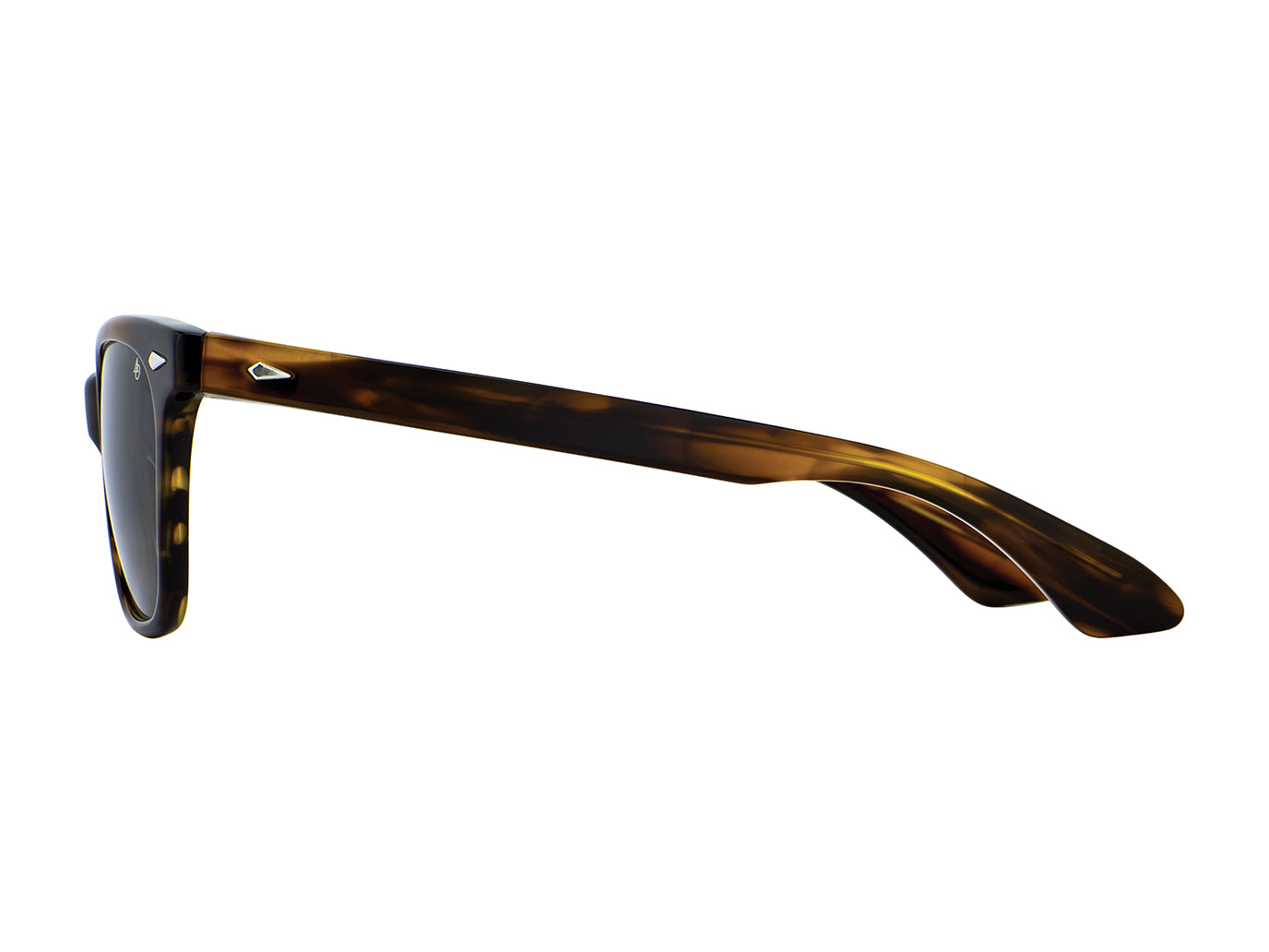 Side view of brown demi American Optical Saratoga acetate sunglasses with polarised grey nylon lens