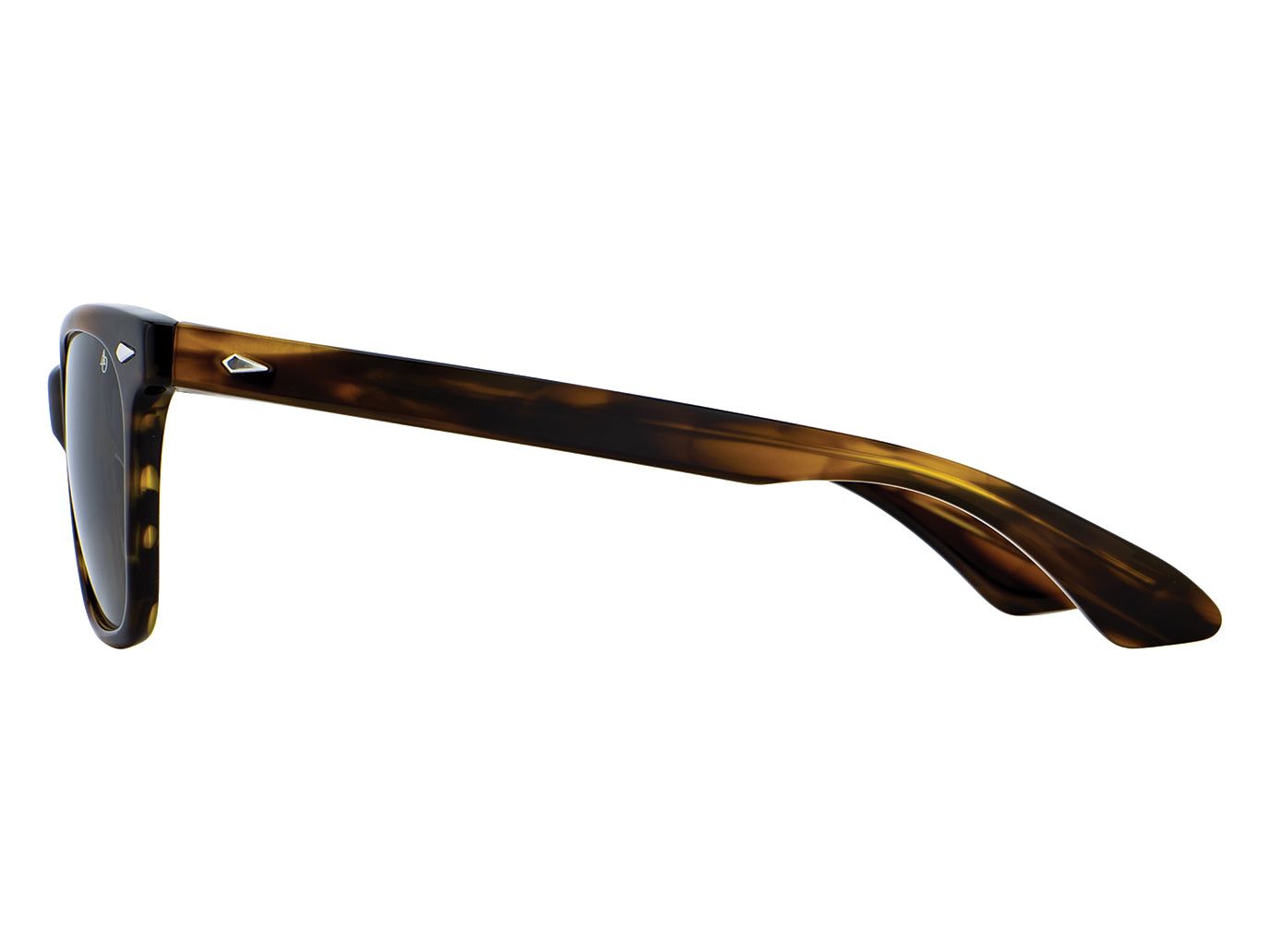 Side view of brown demi American Optical Saratoga acetate sunglasses with non-polarised grey nylon lens