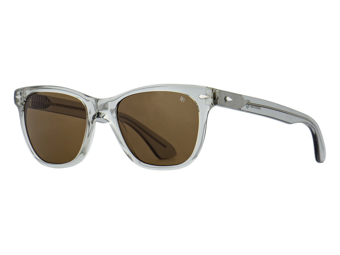 Front angle view of grey crystal American Optical Saratoga acetate sunglasses with non-polarised brown nylon lens