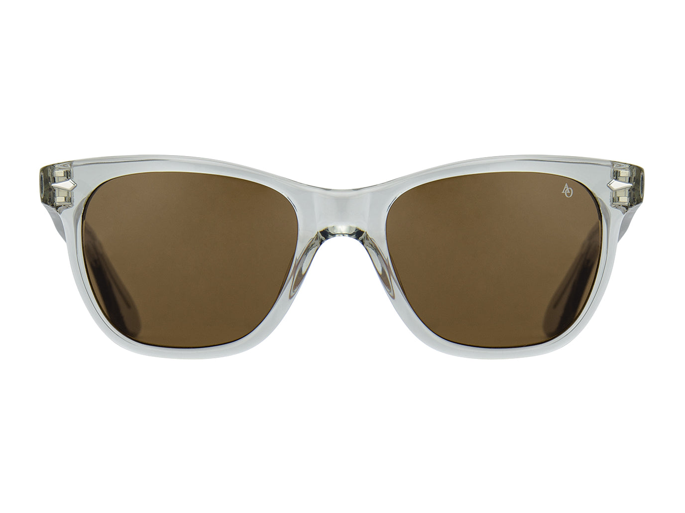 Front view of grey crystal American Optical Saratoga acetate sunglasses with non-polarised brown nylon lens