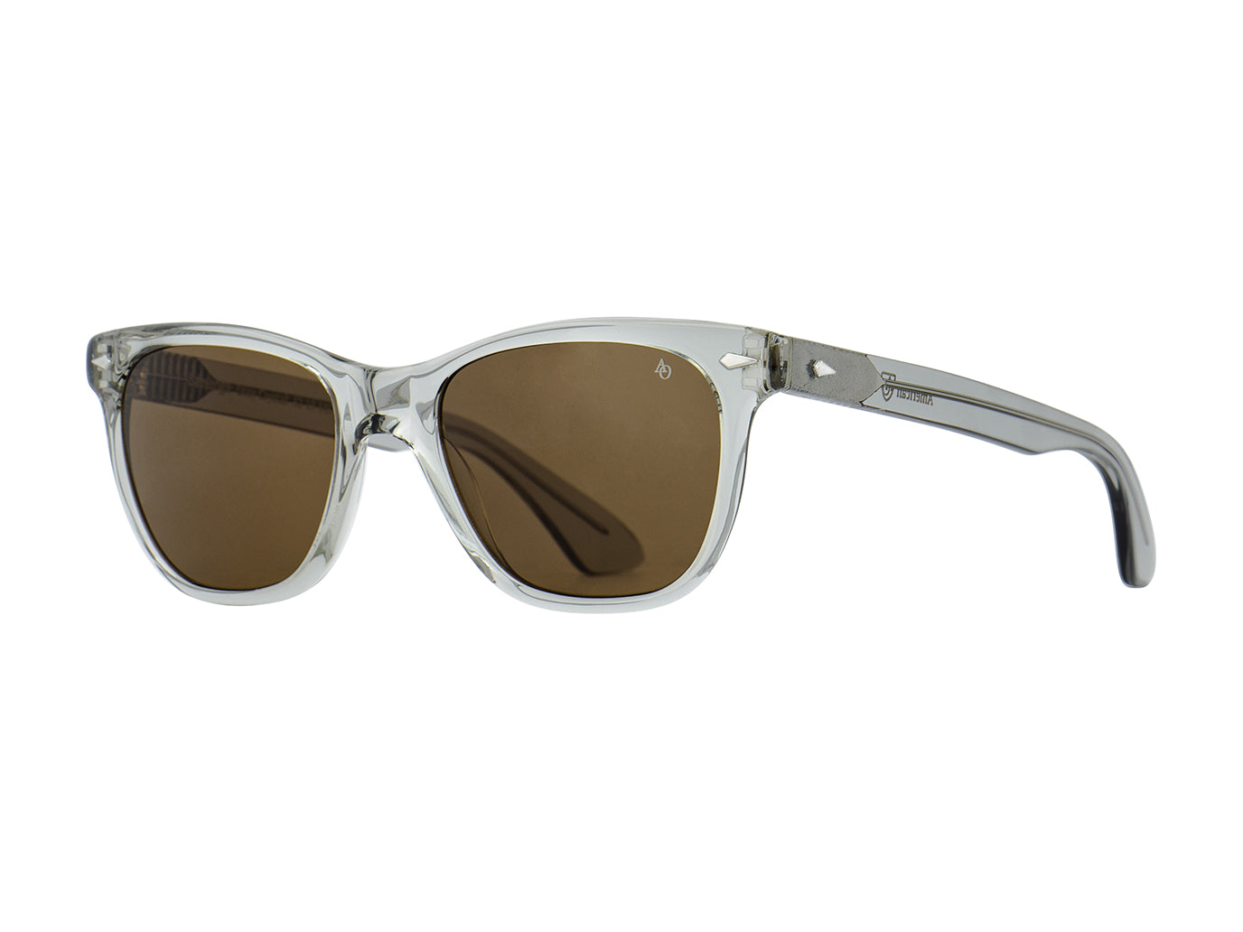 Front angle view of grey crystal American Optical Saratoga acetate sunglasses with polarised brown nylon lens