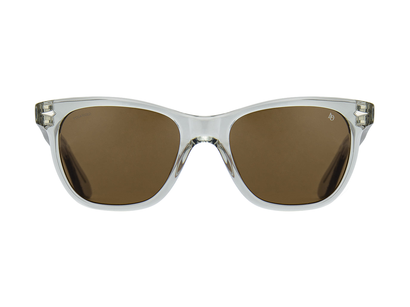 Front view of grey crystal American Optical Saratoga acetate sunglasses with polarised brown nylon lens