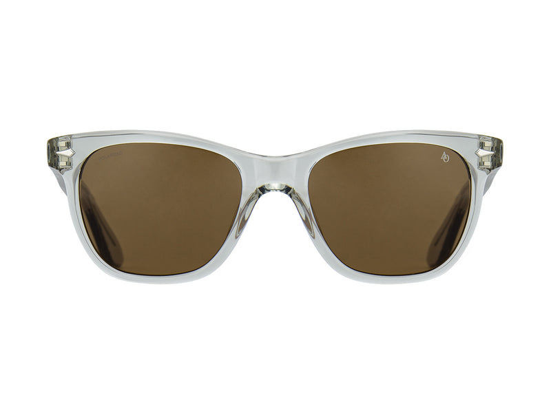 Front view of grey crystal American Optical Saratoga acetate sunglasses with polarised brown nylon lens