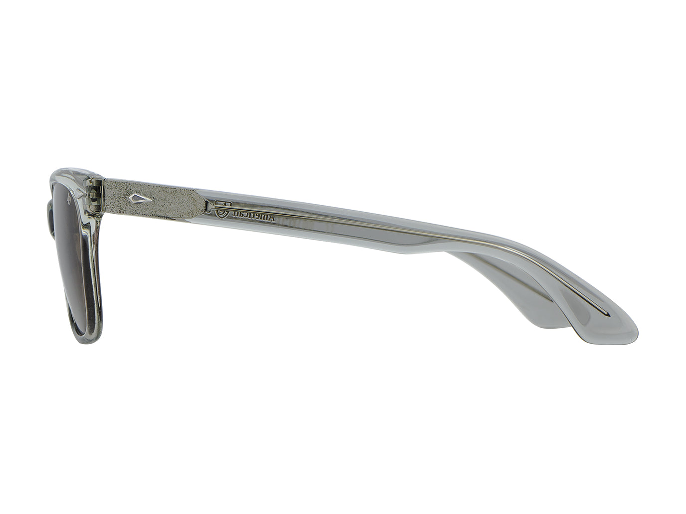 Side view of grey crystal American Optical Saratoga acetate sunglasses with polarised brown nylon lens