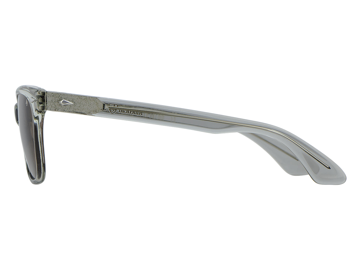 Side view of grey crystal American Optical Saratoga acetate sunglasses with non-polarised brown nylon lens