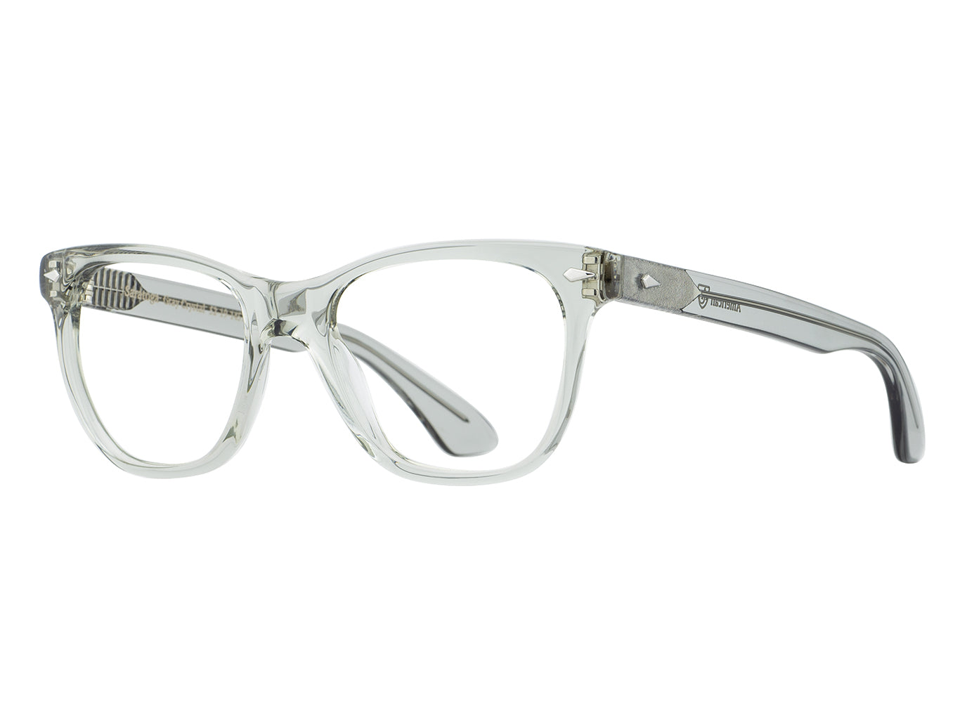 Front angle view of grey crystal American Optical Saratoga frame only acetate sunglasses