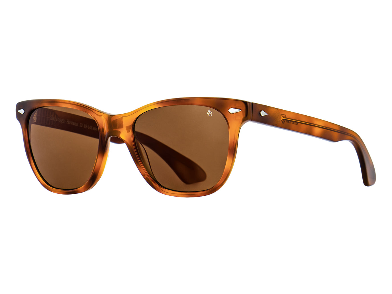 Front angle view of havana American Optical Saratoga acetate sunglasses with non-polarised brown nylon lens