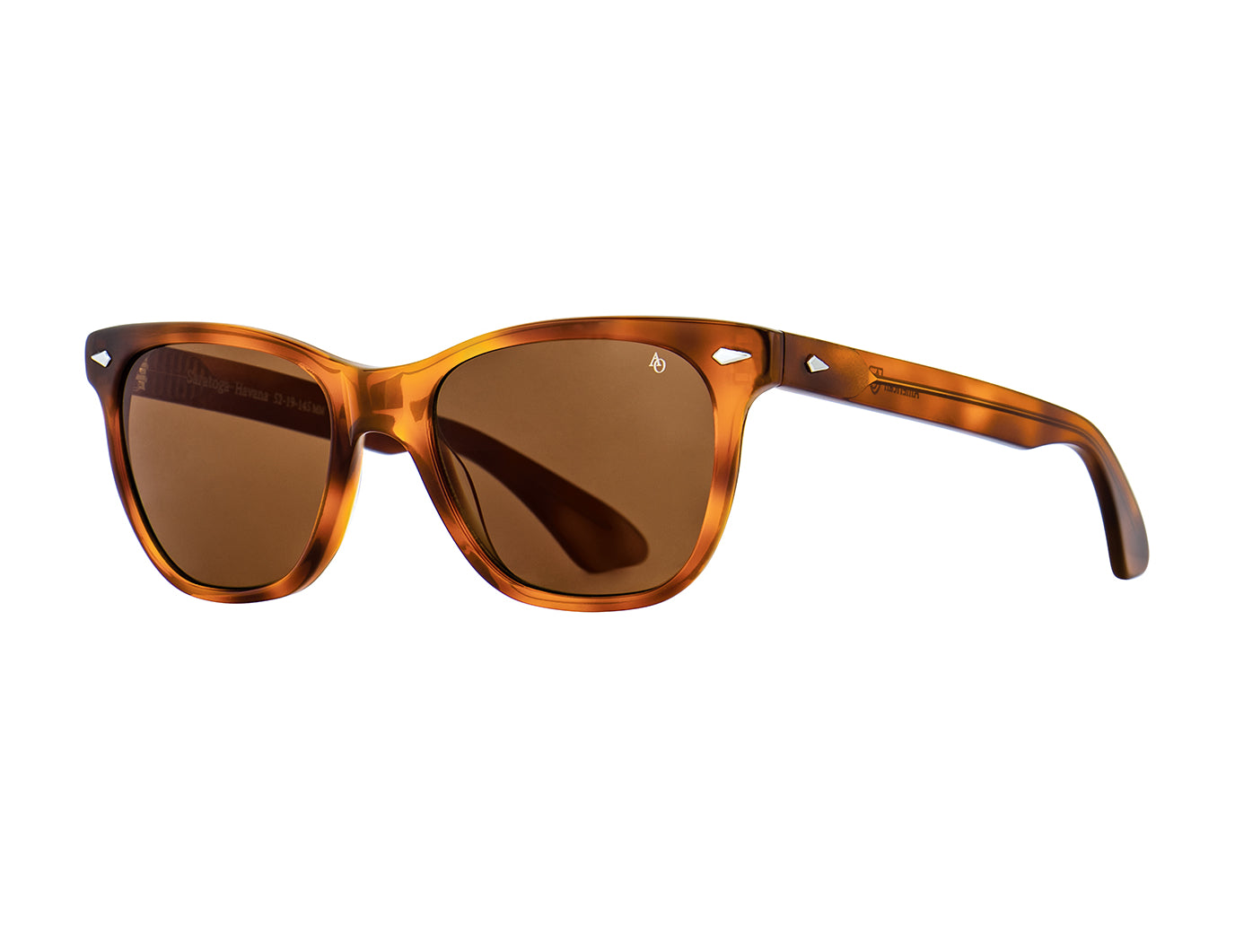 Front angle view of havana American Optical Saratoga acetate sunglasses with polarised brown nylon lens