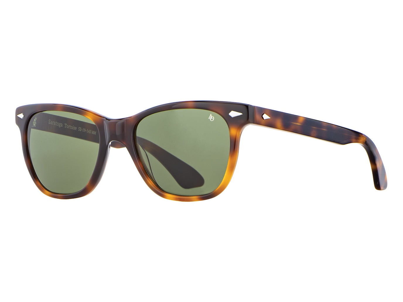 Front angle view of tortoise American Optical Saratoga acetate sunglasses with non-polarised green nylon lens