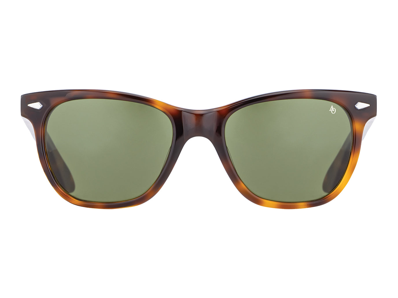 Front view of tortoise American Optical Saratoga acetate sunglasses with non-polarised green nylon lens