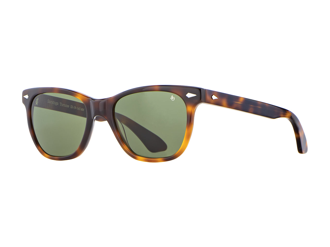 Front angle view of tortoise American Optical Saratoga acetate sunglasses with polarised green nylon lens