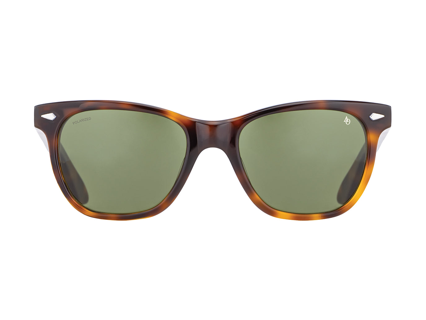 Front view of tortoise American Optical Saratoga acetate sunglasses with polarised green nylon lens