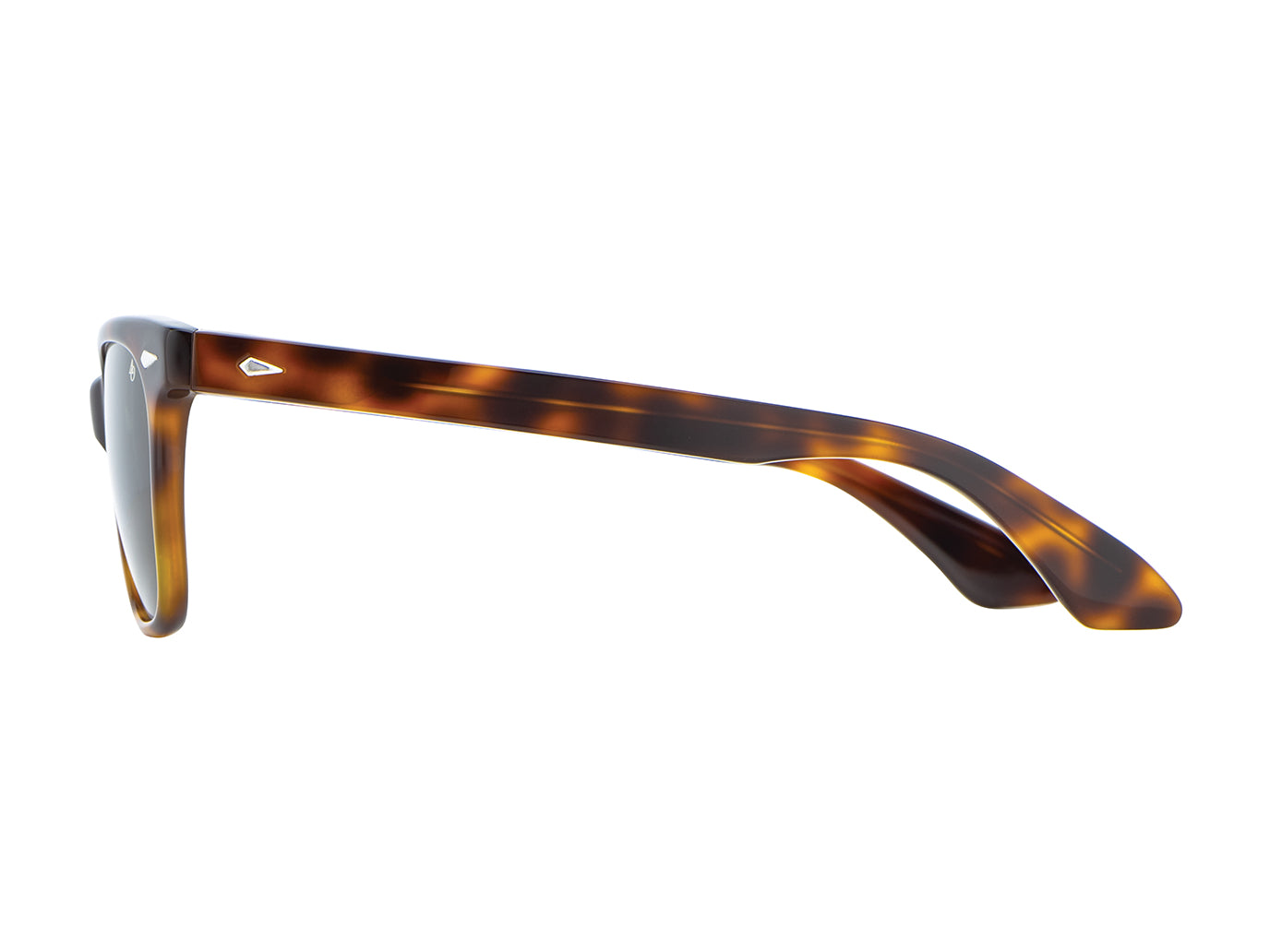 Side view of tortoise American Optical Saratoga acetate sunglasses with polarised green nylon lens