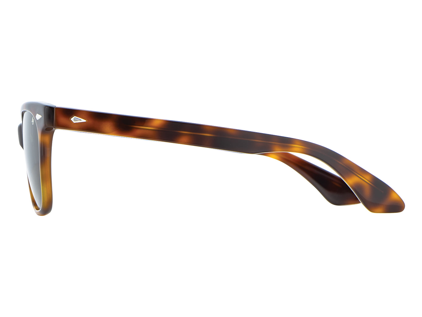 Side view of tortoise American Optical Saratoga acetate sunglasses with non-polarised green nylon lens