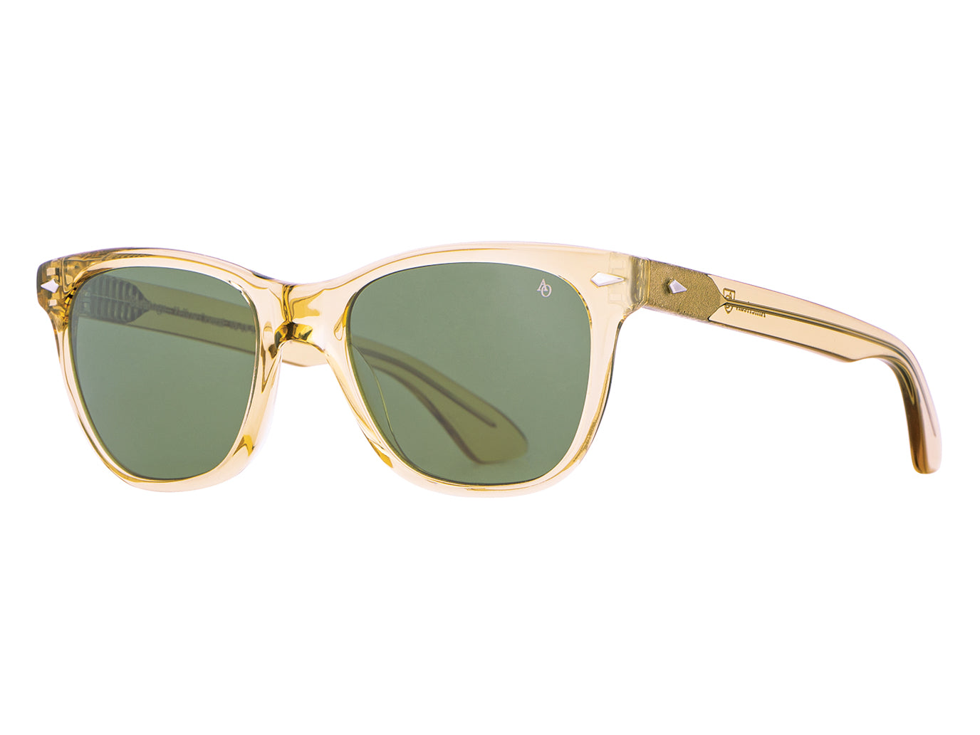 Front angle view of yellow crystal American Optical Saratoga acetate sunglasses with non-polarised green nylon lens