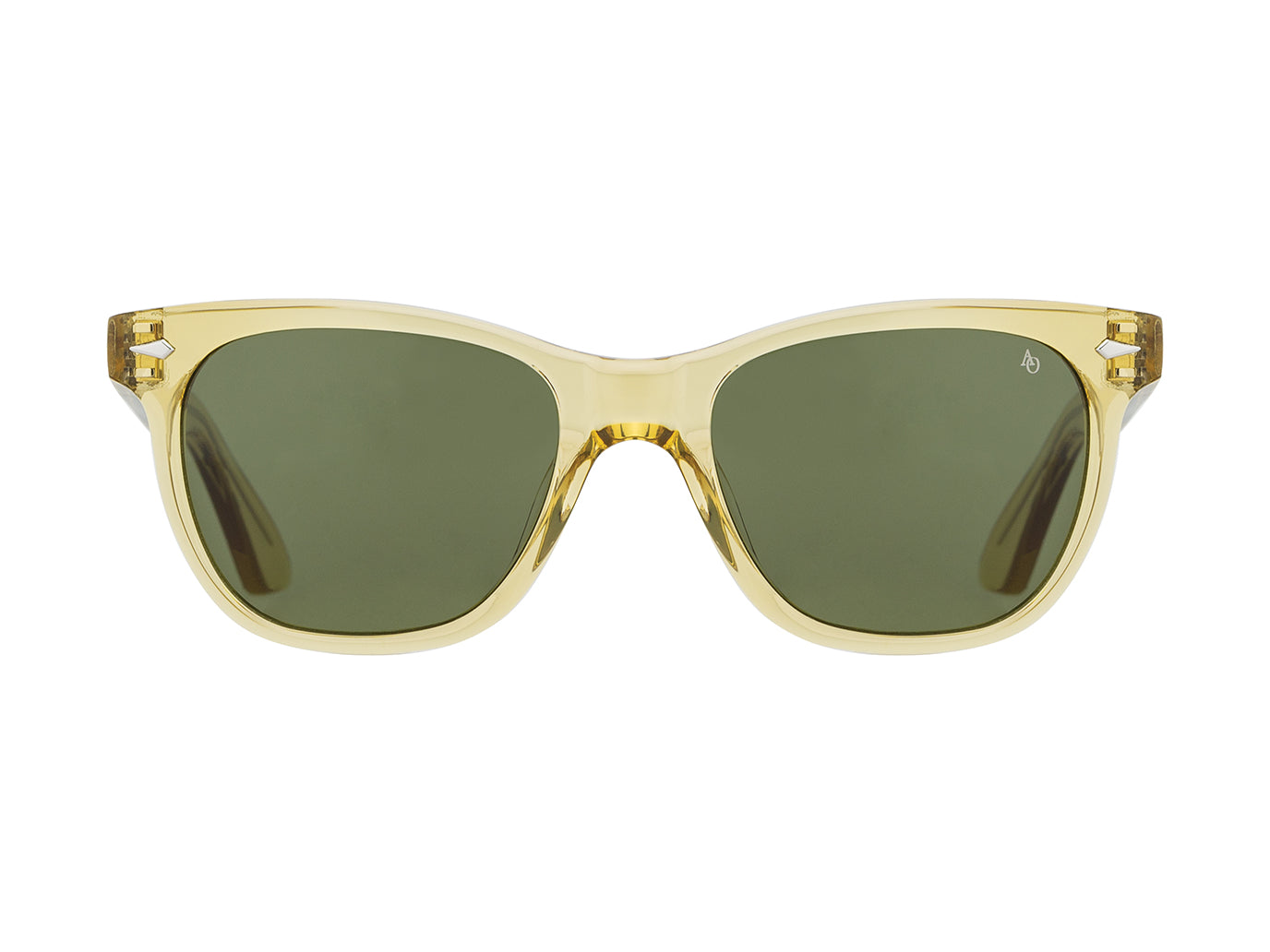 Front view of yellow crystal American Optical Saratoga acetate sunglasses with non-polarised green nylon lens