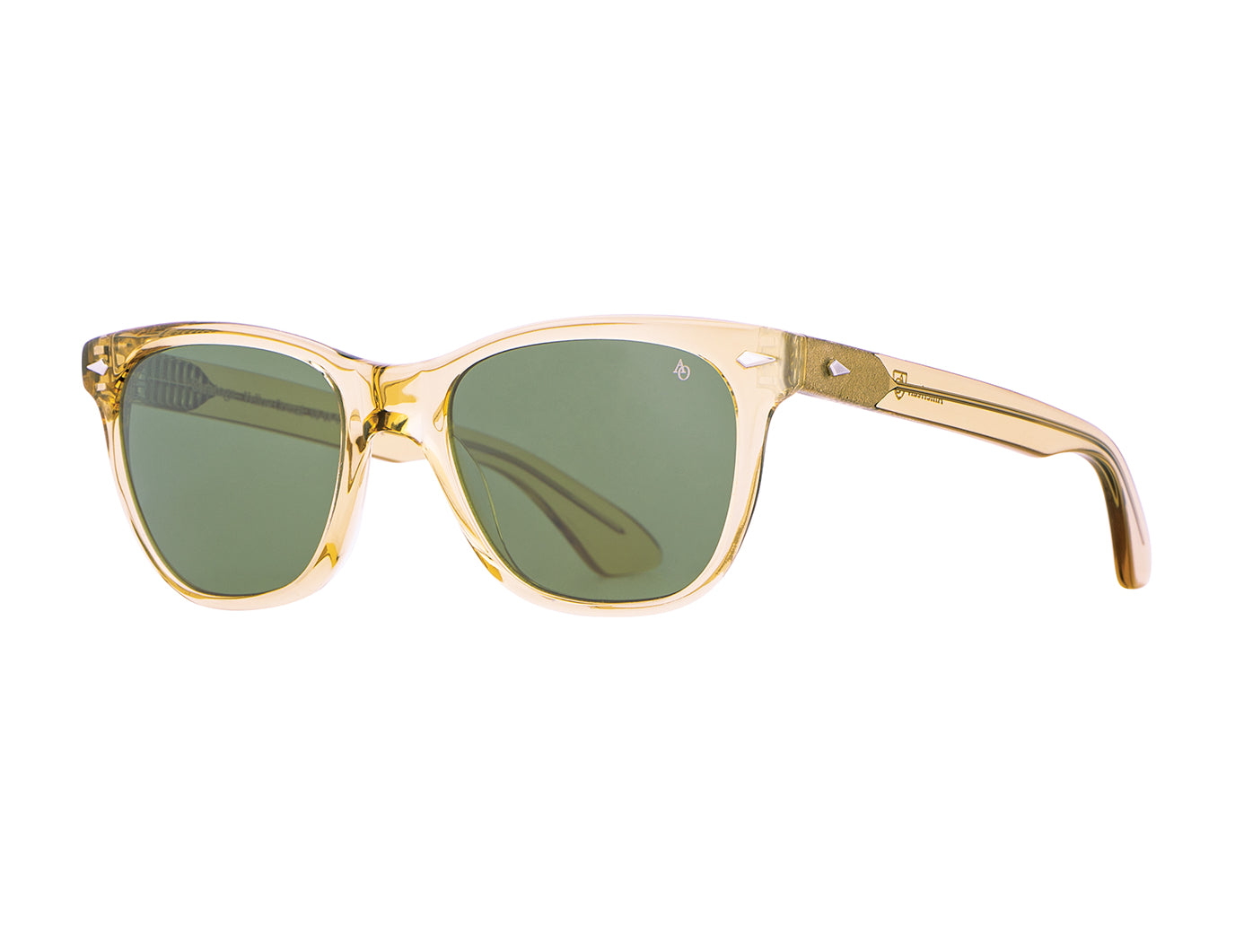 Front angle view of yellow crystal American Optical Saratoga acetate sunglasses with polarised green nylon lens