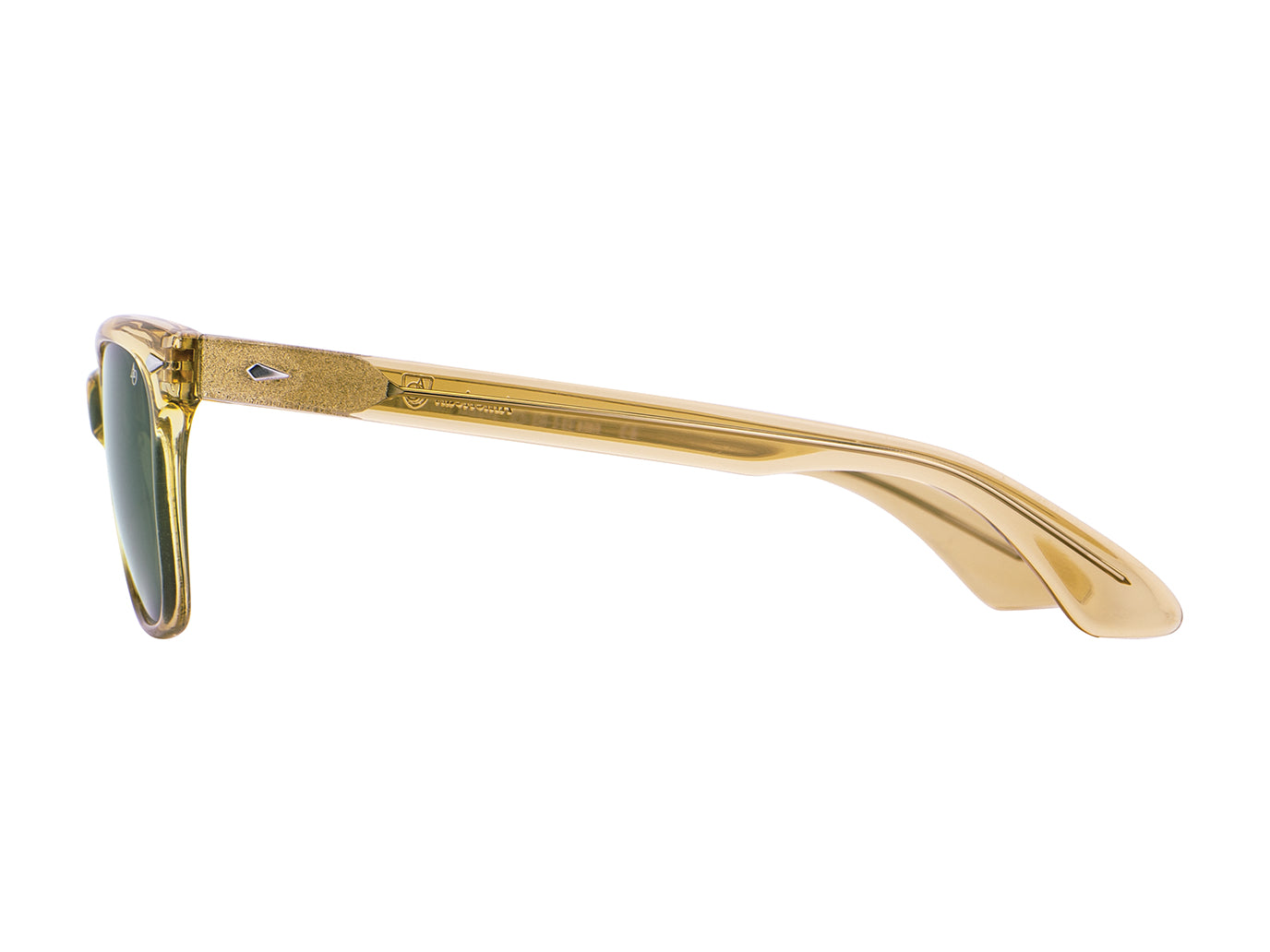 Side view of yellow crystal American Optical Saratoga acetate sunglasses with polarised green nylon lens