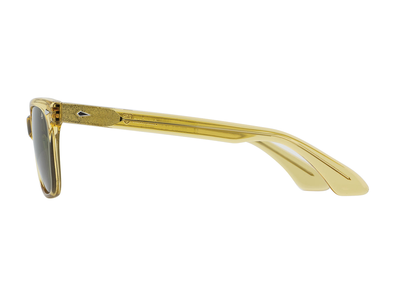 Side view of yellow crystal American Optical Saratoga acetate sunglasses with non-polarised green nylon lens