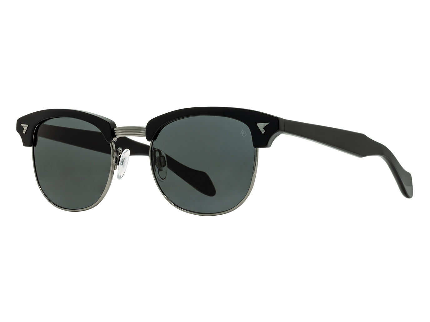 Front angle view of black and gunmetal American Optical Sirmont browline sunglasses with non-polarised grey nylon lens