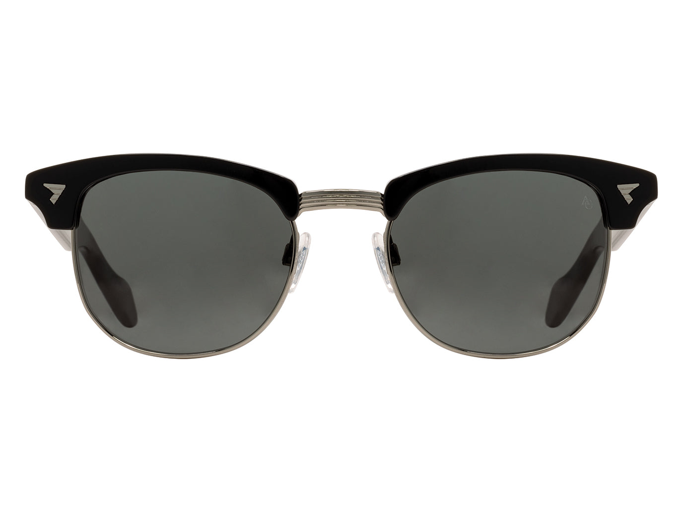 Front view of black and gunmetal American Optical Sirmont browline sunglasses with non-polarised grey nylon lens