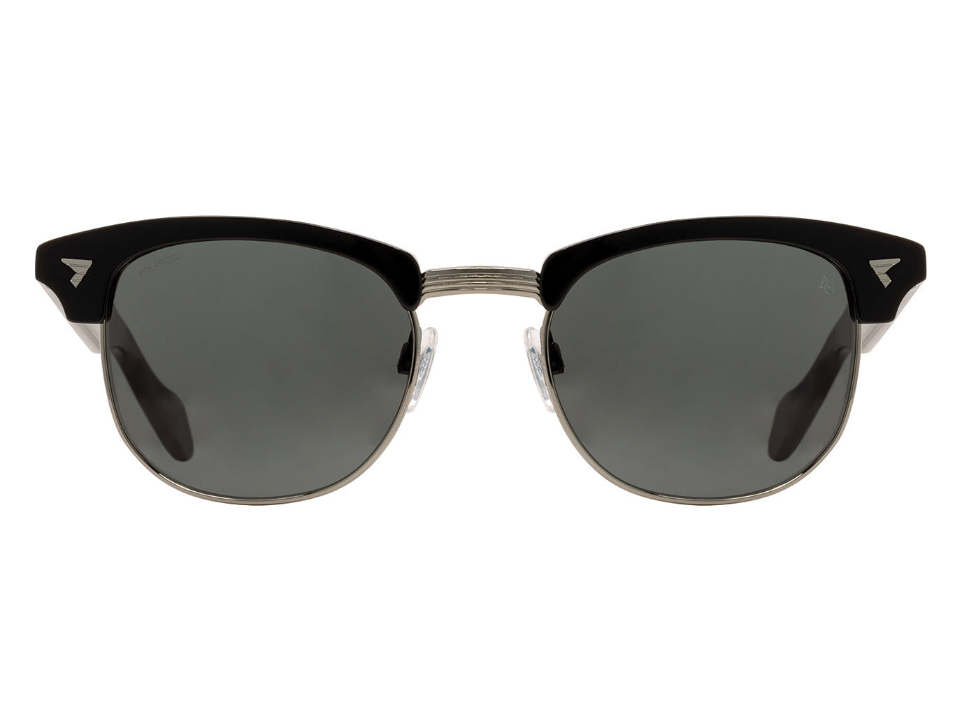 Front view of black and gunmetal American Optical Sirmont browline sunglasses with polarised grey nylon lens