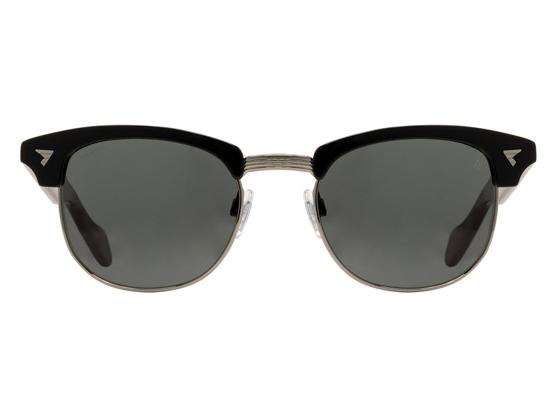 Front view of black and gunmetal American Optical Sirmont browline sunglasses with polarised grey nylon lens