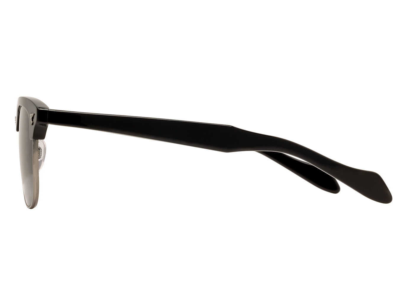 Side view of black and gunmetal American Optical Sirmont browline sunglasses with polarised grey nylon lens